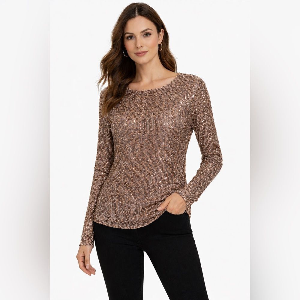 NWT Free People Sparkling Sequin Long Sleeve Top - Bronze